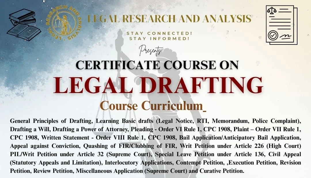 This online Advanced Legal Drafting course 2026, offered by Legal Research and Analysis (LRA), covers Conveyancing, Contract Drafting, Criminal, Civil, and Corporate Law, among others. It helps law students, young advocates, and working professionals learn how to draft clear and effective legal documents
