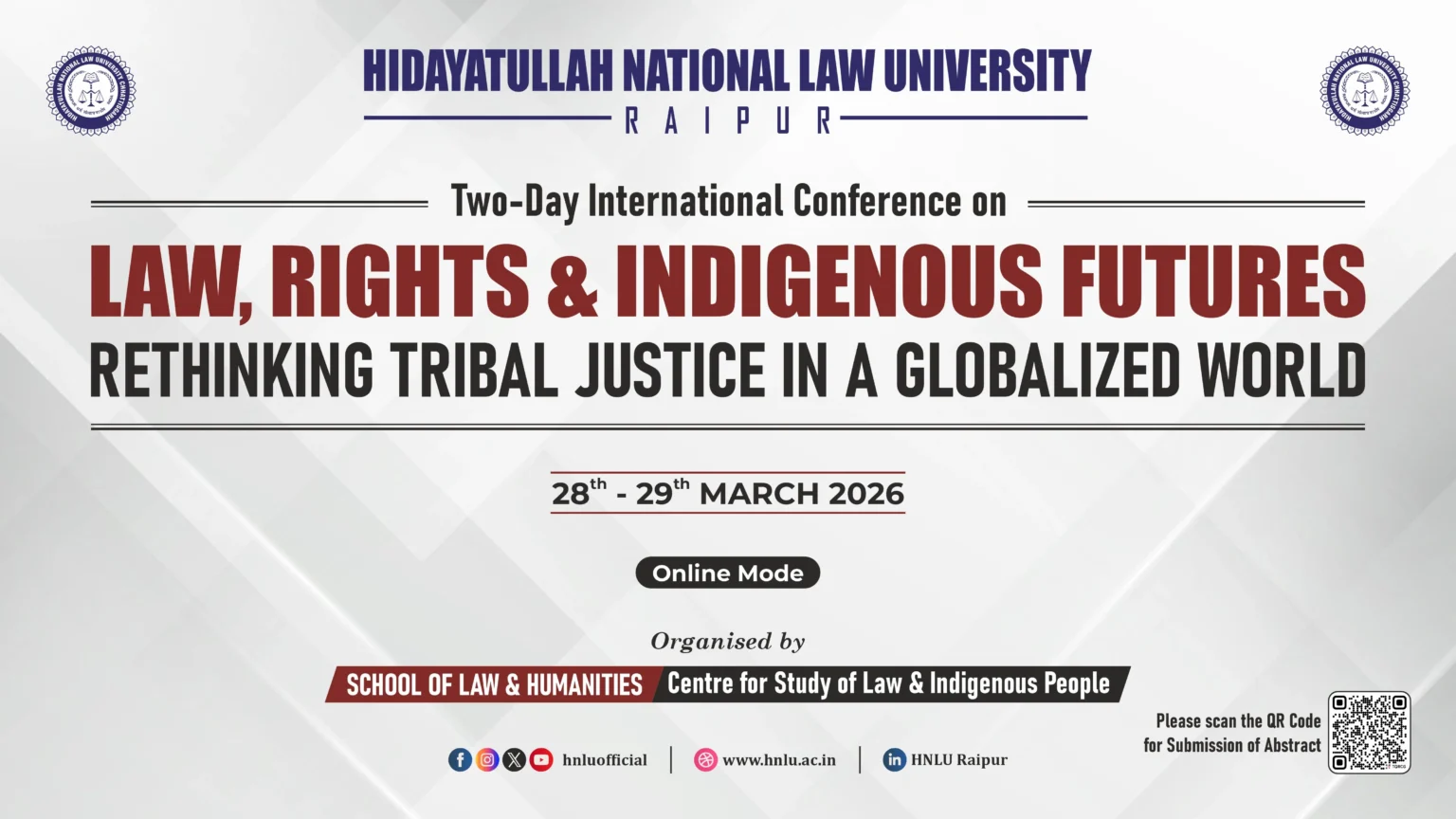 Two-Day International Online Conference on Law, Rights, and Indigenous Futures – HNLU Raipur (March 28–29, 2026)