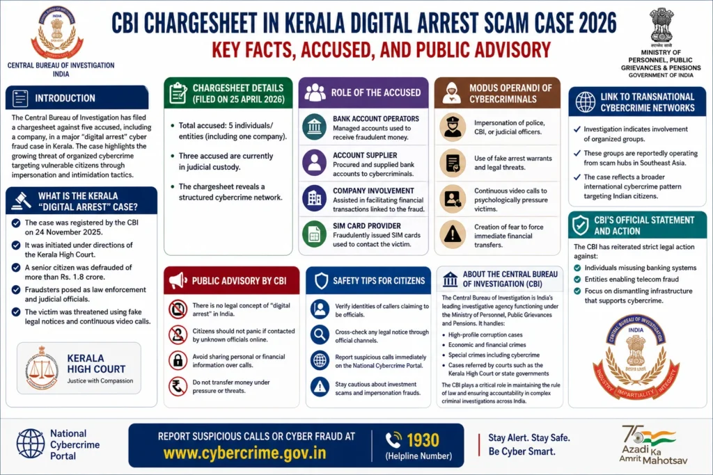 The Central Bureau of Investigation (CBI) has filed a chargesheet against five accused, including a company, in a major “digital arrest” cyber fraud case in Kerala.