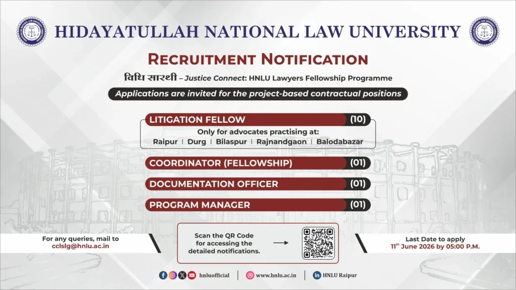 HNLU Raipur Recruitment 2026 Apply for Program Manager, Litigation Fellow and Other Contractual Positions
