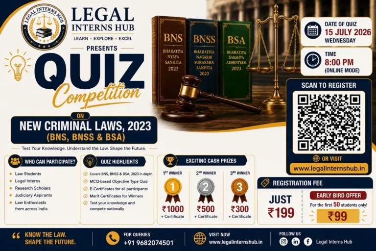 Legal Interns Hub Quiz Competition on New Criminal Laws 2023 (BNS, BNSS & BSA): Registration, Prizes, Eligibility and Important Details