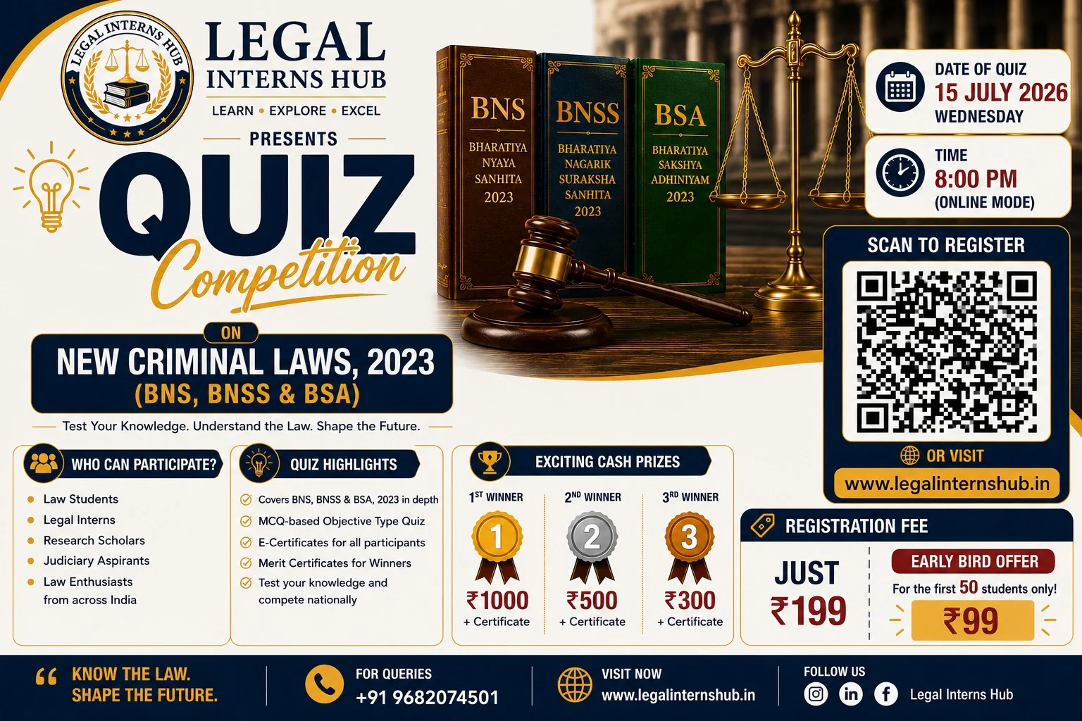 Legal Interns Hub Quiz Competition on New Criminal Laws 2023 (BNS, BNSS & BSA): Registration, Prizes, Eligibility and Important Details
