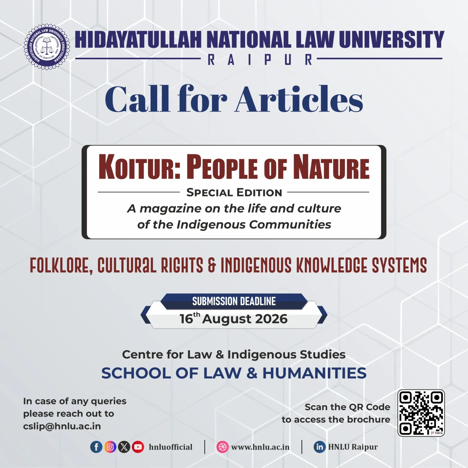 Call for Articles: KOITUR Magazine Special Edition on Folklore, Cultural Rights, and Indigenous Knowledge Systems, HNLU