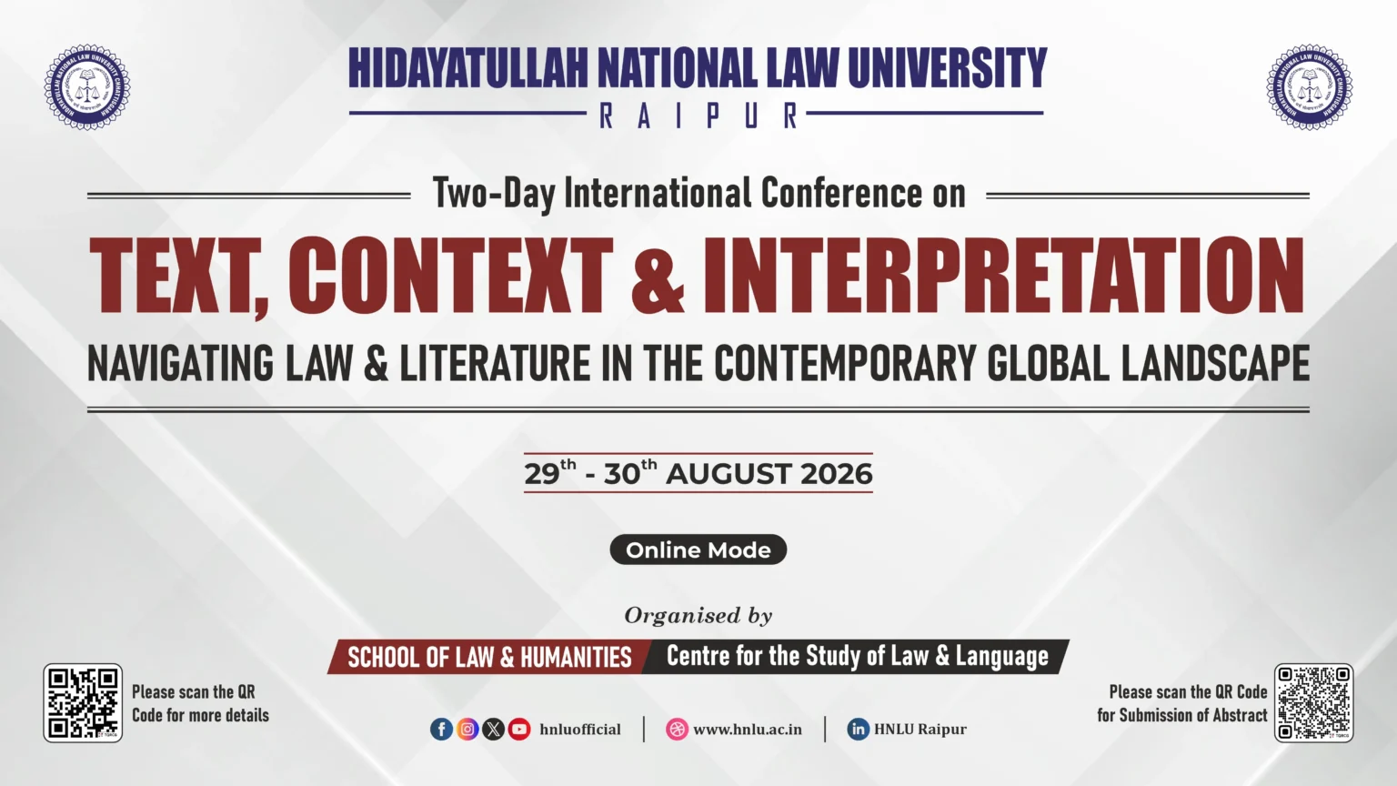 HNLU Raipur International Conference on Text, Context & Interpretation 2026: Call for Research Papers, Themes, Dates, Registration & Submission Guidelines
