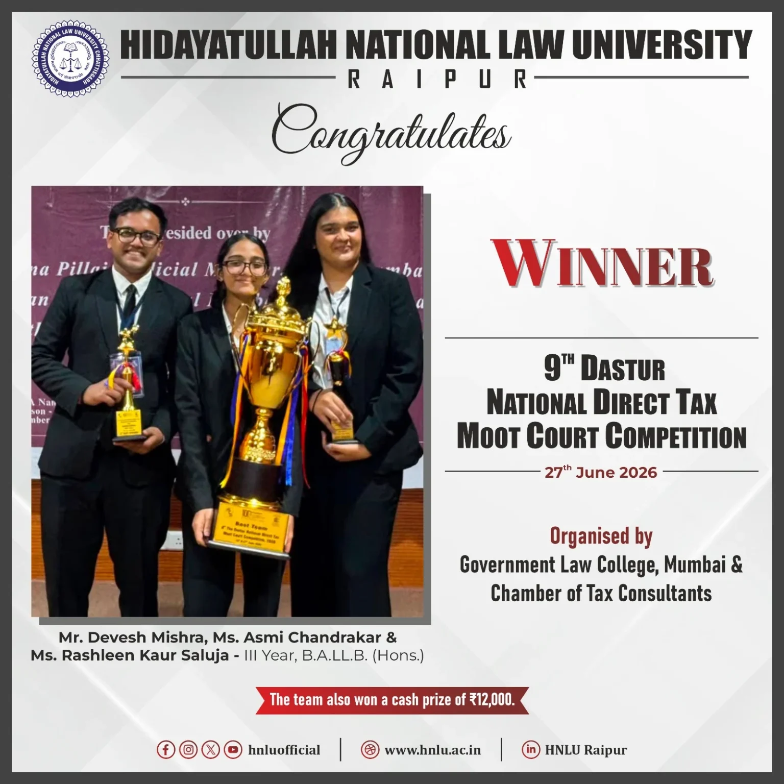 HNLU Team Wins 9th Dastur National Direct Tax Moot Court Competition 2026; Students Secure Top Individual Awards